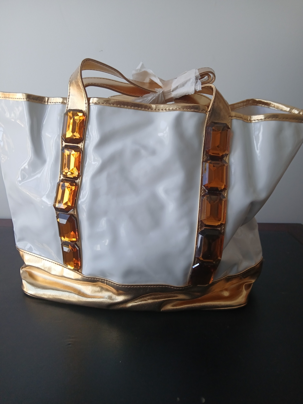 White and Gold Tote Bag with Amber Gem Trim